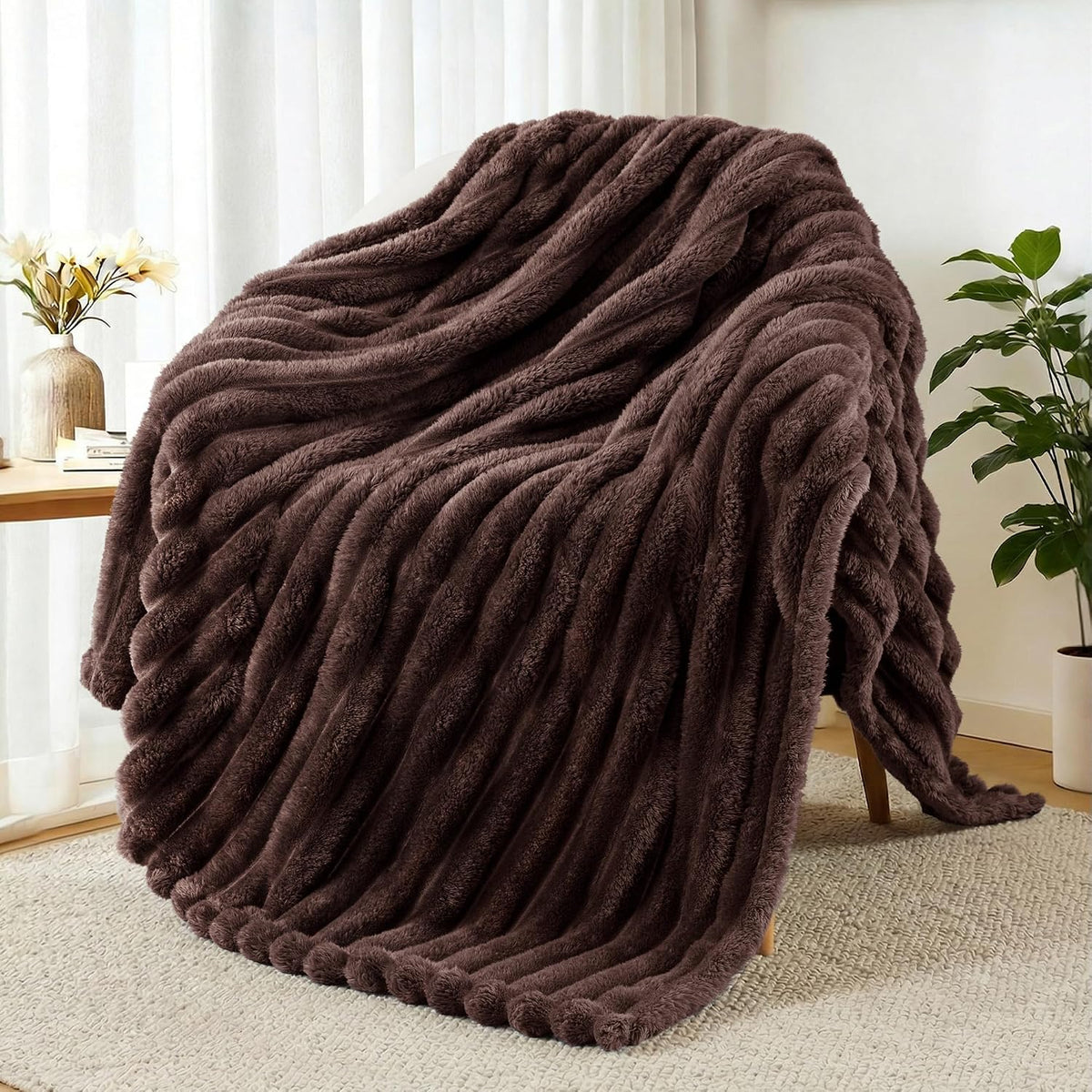 Striped Fleece Throw Blanket for Couch, Sofa, Bed